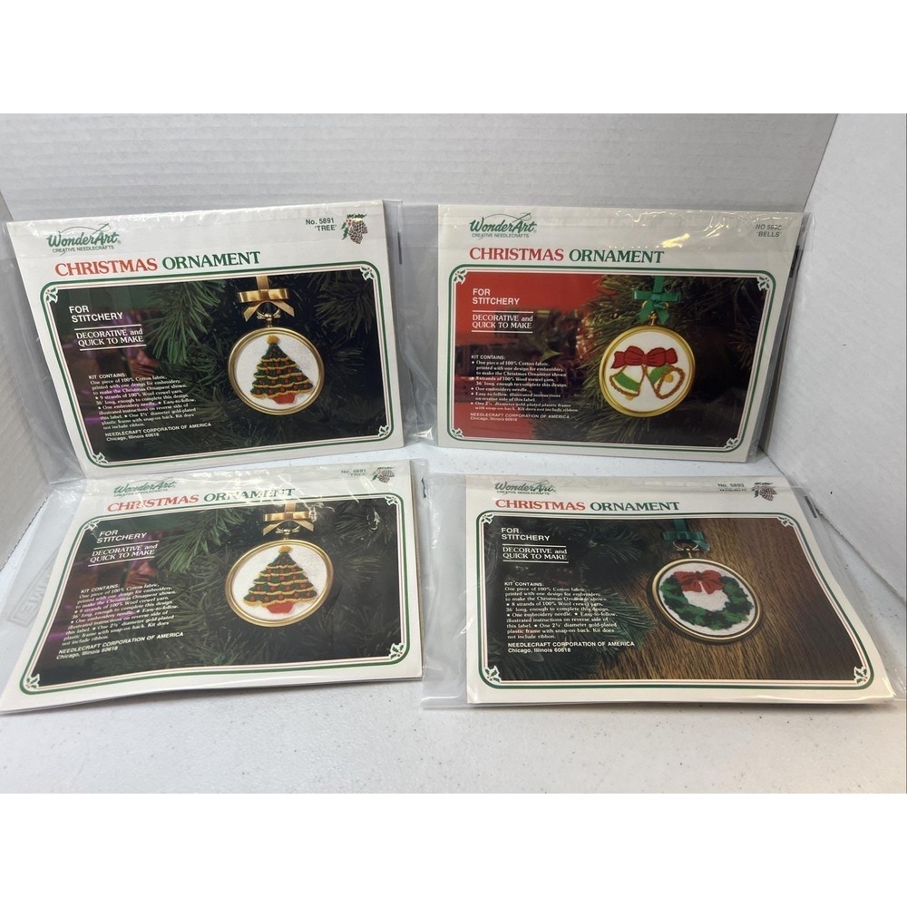 Vtg WonderArt Christmas Ornament Needlework KIT 5891, 5998, 5893 Lot Of 4
